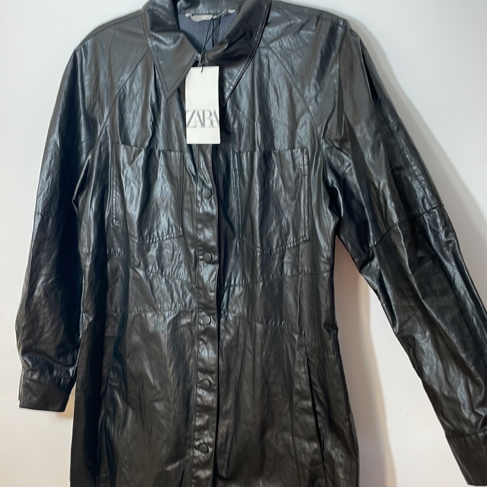 ZARA XL Faux Leather Long Sleeve Shirt Dress Snap Front Chest Pocket Black Mini - Picture 9 of 16